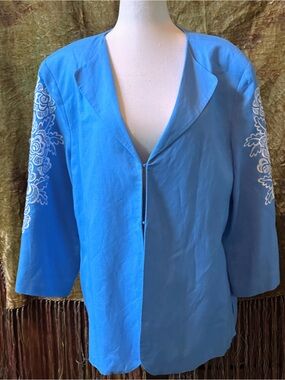Bob Mackie Sky Blue Open-Front Blazer with White Sleeve Embroidery